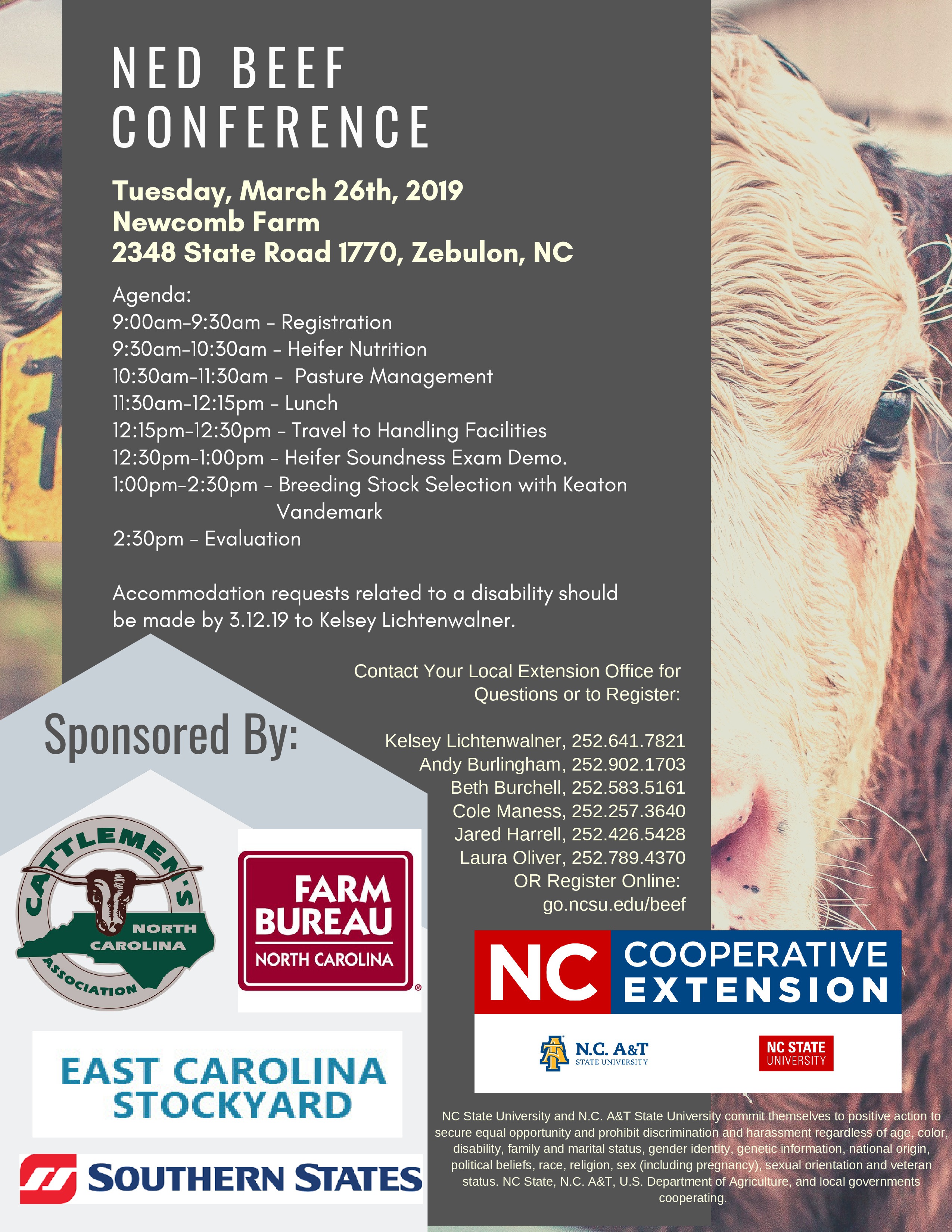 NED Beef Conference Flyer. Call Kelsey Lichtenwalner at (252) 641-7821 for details.