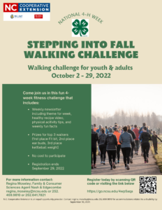 Stepping into Fall Walking Challenge. Walking Challenge for youth & adults. October 2 - 29, 2022.