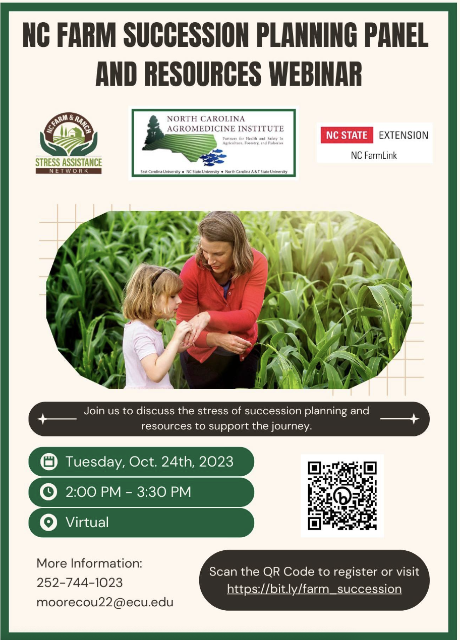 NC Farm Succession Planning Panel and Resources Webinar Flyer. Join us to discuss the stress of succession planning and resources to support the journey. Tuesday, October 24th, 2023. 2:00 p.m.-3:30 p.m. Virtual Setting. For more information contact 252-744-1023 or email moorecou22@ecu.edu. Visit https://bit.ly/farm_succession to register. 