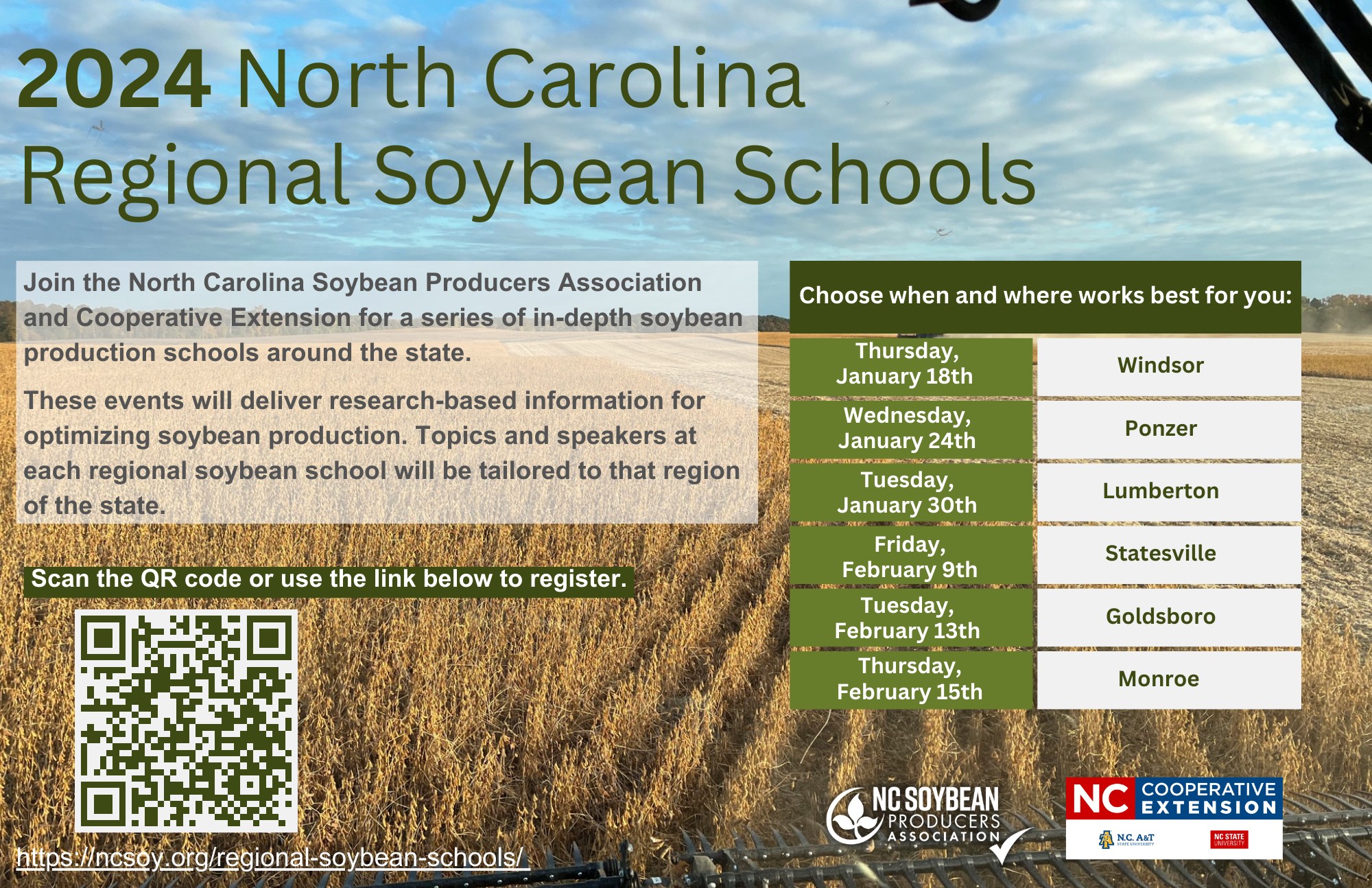 2024 NC Soybean Schools: Thursday January 18th-Windsor, Wednesday January 24th-Ponzer, Tuesday January 30th-Lumberton, Friday February 9th-Statesville, Tuesday February 13th-Goldsboro, Thursday February 15th-Monroe.
