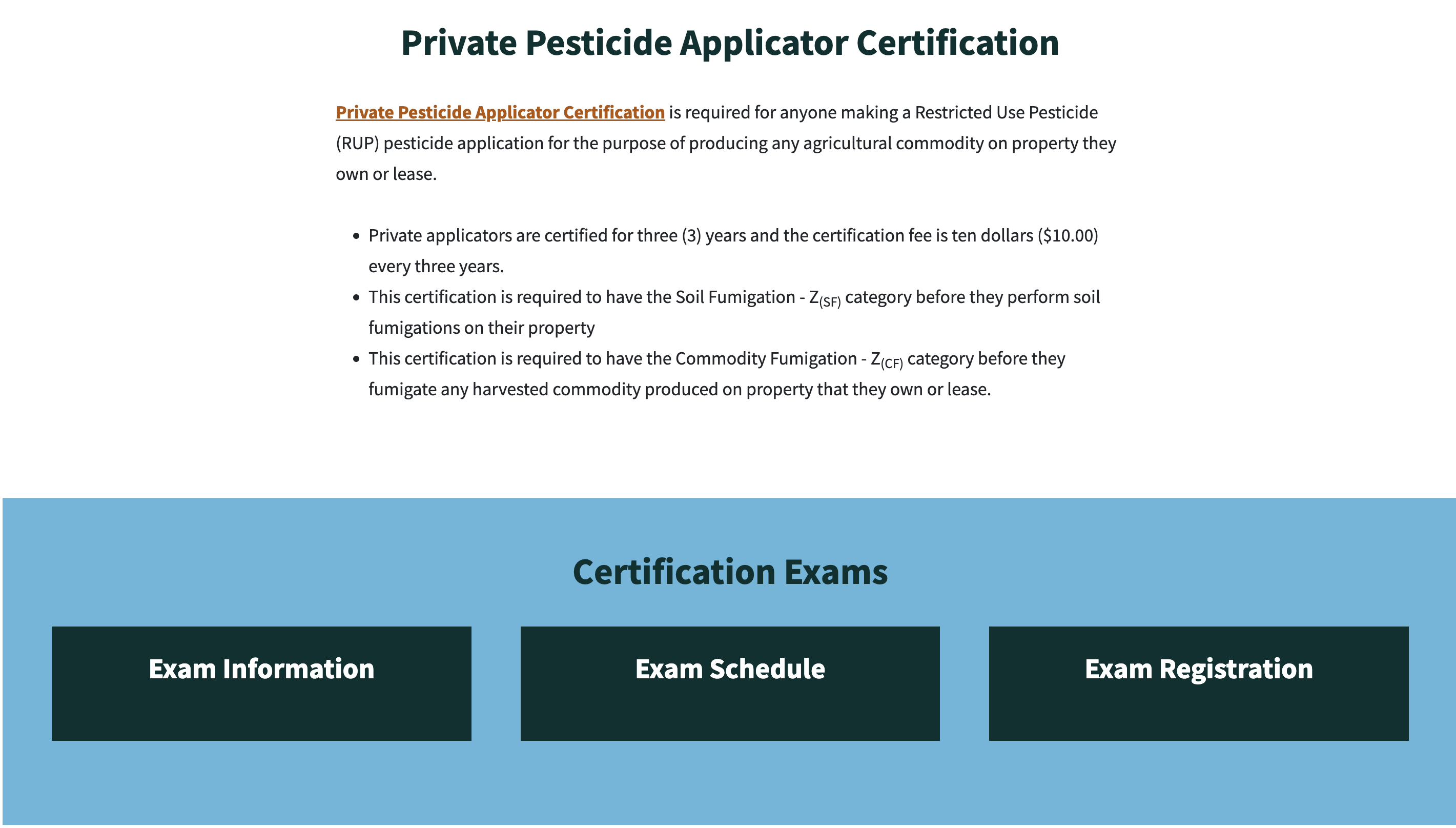 Example of the NCDA&CS Private Pesticide Applicator Portal Certification Exams Page